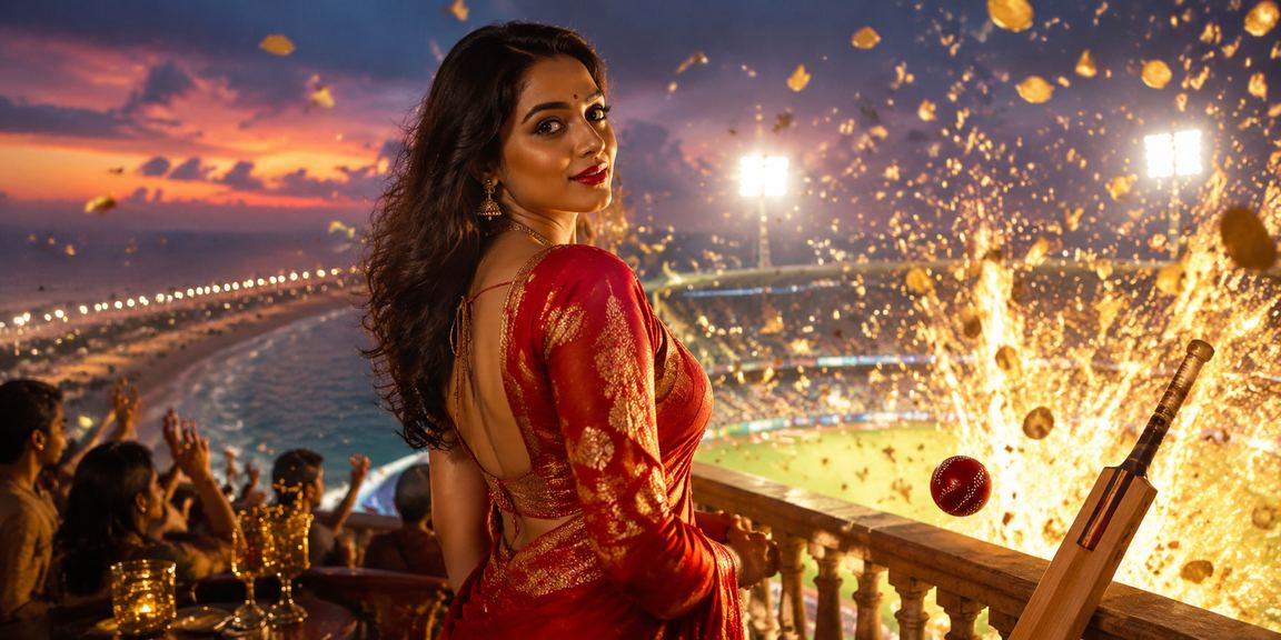 Cricket betting in Chennai with traditional saree and neon effects